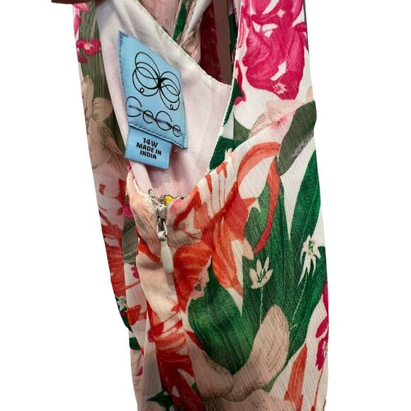 CeCe Pink Floral Print Halter Neck Tie Back Cut Out Pleated Maxi Dress Size 14W - Picture 4 of 9